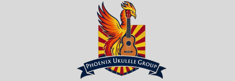 A Phoenix Holding an Ukulele over the AZ Flag with a banner that says Phoenix Ukulele Group